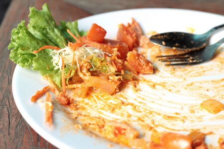 Shrimp spaghetti with sauc on dishの写真素材
