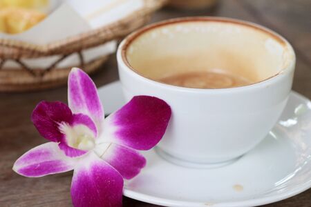 Hot latte coffee in glassの写真素材