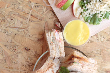 Pasta spaghetti with salad mix fruit and bread sandwich.の写真素材