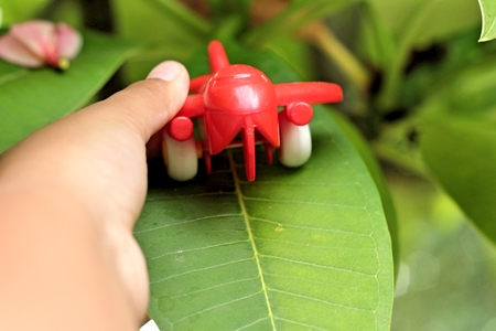 Toy plane with a red propeller.の写真素材