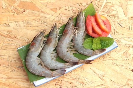 Fresh shrimp and green vegetables on the plateの写真素材