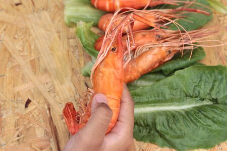 Barbecue grilled shrimp with green vegetables.の写真素材