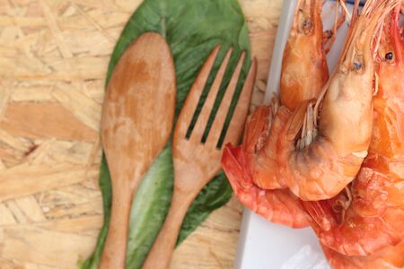 Barbecue grilled shrimp with green vegetables.の写真素材