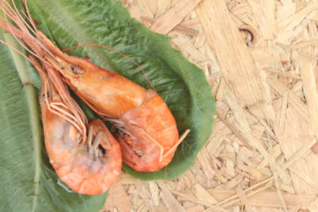 Barbecue grilled shrimp with green vegetables.の写真素材