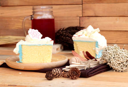 White cream cake delicious and drink red water mix sodaの写真素材