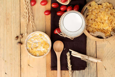 corn flake and milk with fresh cherry tomatoes