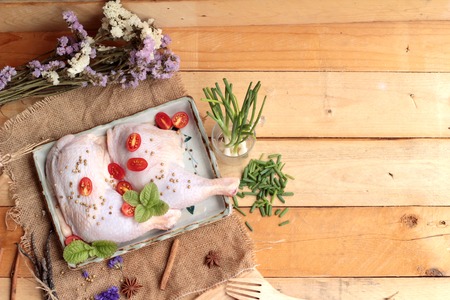 Fresh chicken and tomatoes with spices for cookingの写真素材