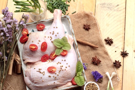Fresh chicken and tomatoes with spices for cookingの写真素材