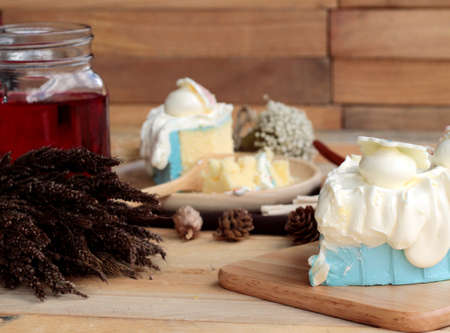 White cream cake delicious and drink red water mix sodaの写真素材