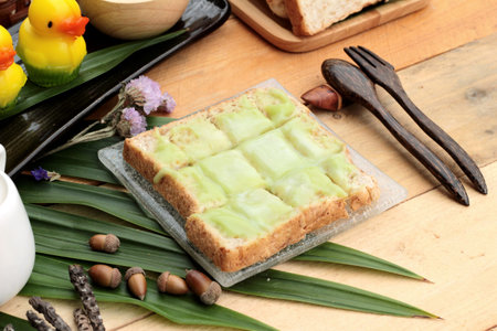 Bread with green custard and fresh milk