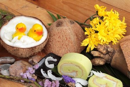 Green cake rolls filled with coconutの写真素材