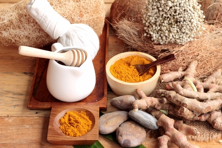 Phlai herb, Cassumunar ginger both fresh and as a powder for the skin scrubの写真素材