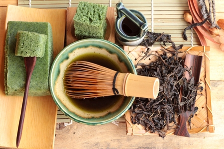 Green tea cake japanese dessert and green teaの写真素材