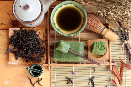Green tea cake japanese dessert and green teaの写真素材
