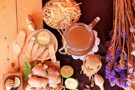 Ginger water of herb and fresh ginger with honeyの写真素材