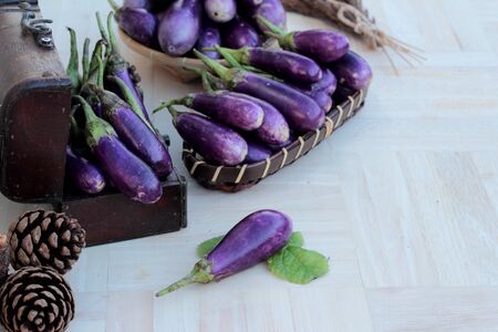 Purple eggplants fresh for cooking on wood backgroundの写真素材