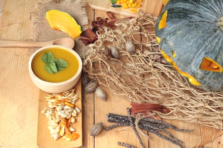 Pumpkin soup is delicious and fresh sliced pumpkinの写真素材