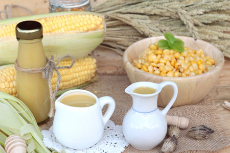 Corn milk and fresh sweet corn juice deliciousの写真素材