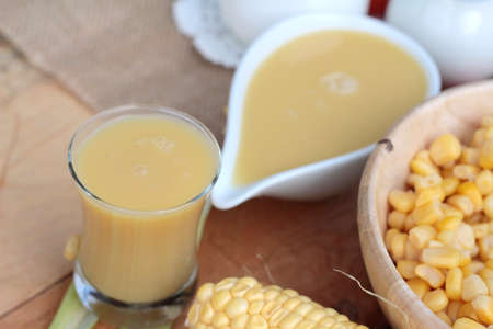 Corn milk and fresh sweet corn juice deliciousの写真素材