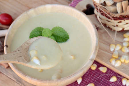 Corn soup of delicious and fresh cornの写真素材