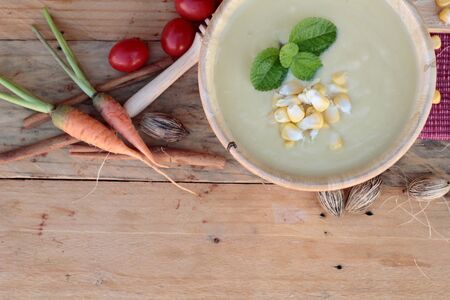 Corn soup of delicious and fresh cornの写真素材