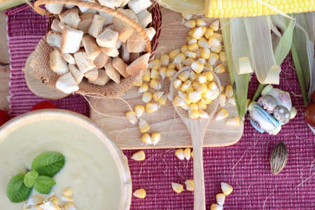 Corn soup of delicious and fresh cornの写真素材