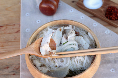 Chicken noodle and soup in bowl delicious