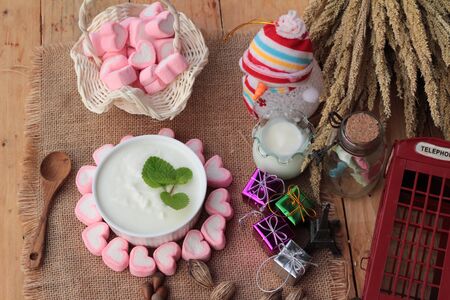 Heart pink marshmallow sweet with yogurt deliciousの写真素材