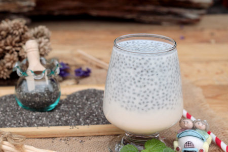 Chia seeds dry and milk of deliciousの写真素材