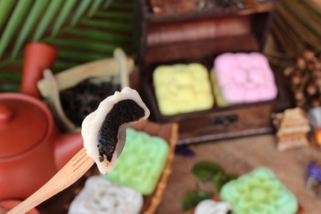 Mochi japanese dessert and hot tea deliciousの写真素材