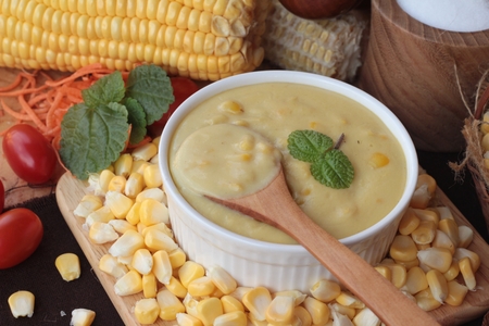 Corn cream soup and sweet corn deliciousの写真素材