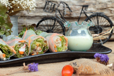 Salad rolls vegetable with tuna and crab stick