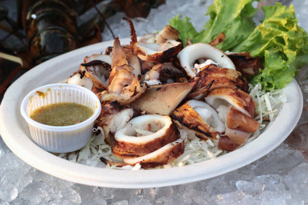 Grilled squid of delicious with seafood sauce
