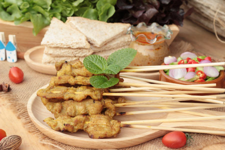 Pork satay,grilled pork with peanut sauceの写真素材