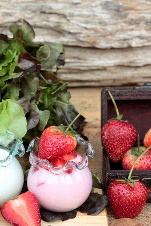 Fresh strawberries red and yogurt at deliciousの写真素材