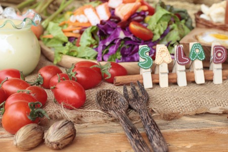 Fresh salad and egg with dressing deliciousの写真素材