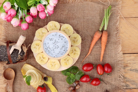 Chia seeds with milk and banana deliciousの写真素材