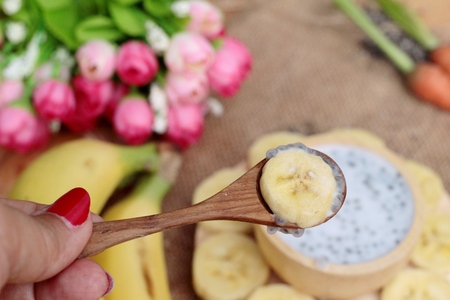 Chia seeds with milk and banana deliciousの写真素材