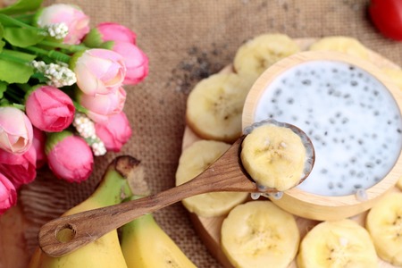 Chia seeds with milk and banana deliciousの写真素材