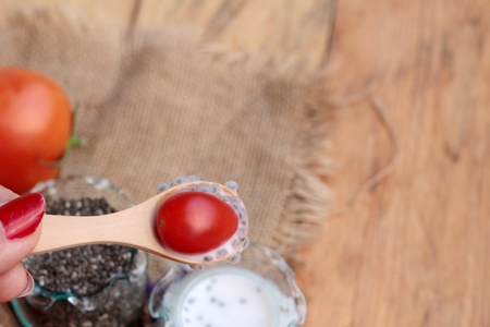 Chia seeds with milk and tomato deliciousの写真素材