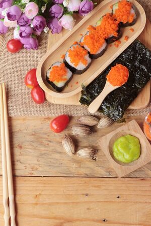 Sushi roll with shrimp eggs is deliciousの写真素材