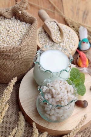 Milk and cooked barley for health deliciousの写真素材