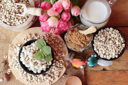 Cooked millet seeds with milk and sugarの写真素材