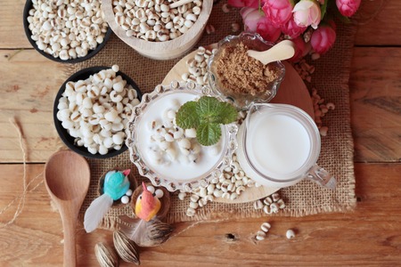 Cooked millet seeds with milk and sugarの写真素材