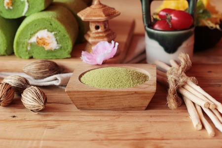 Green tea cake roll and matcha green teaの写真素材