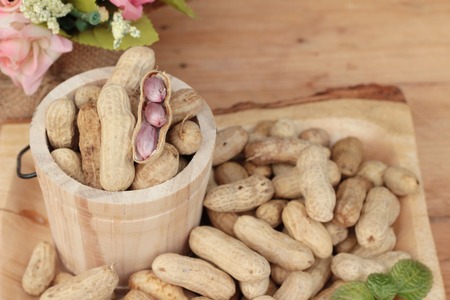 Peanut and boiled peanuts on wood backgroundの写真素材