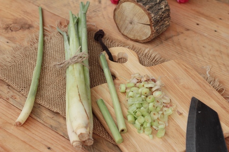 fresh lemon grass is herb on wood backgroundの写真素材