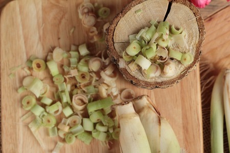 fresh lemon grass is herb on wood backgroundの写真素材