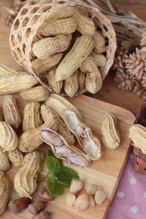 Peanut and boiled peanuts on wood backgroundの写真素材