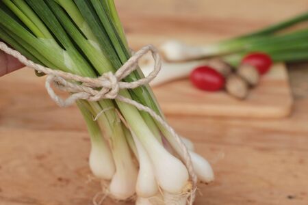 Fresh green onions on wood backgroundの写真素材